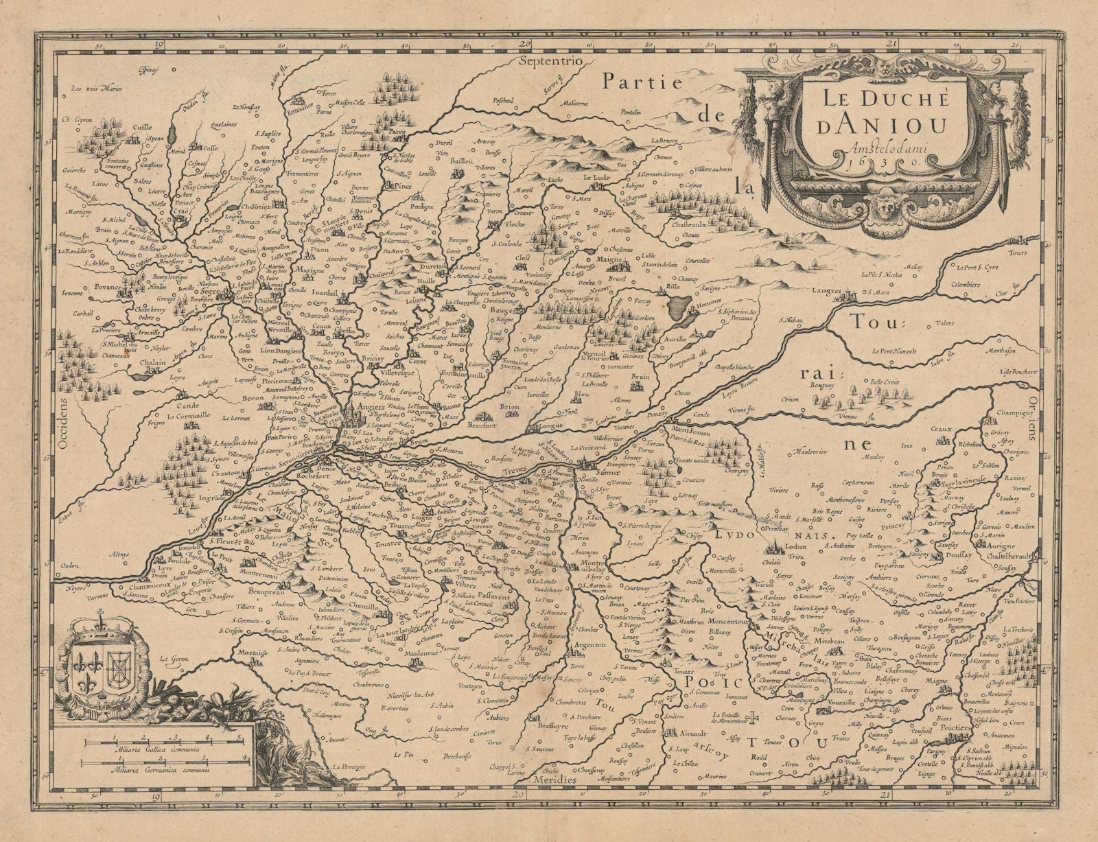 La Duche d'Aniou. Duchy of Anjou. Angers. Maine-et-Loire. Janssonius 1630 map
